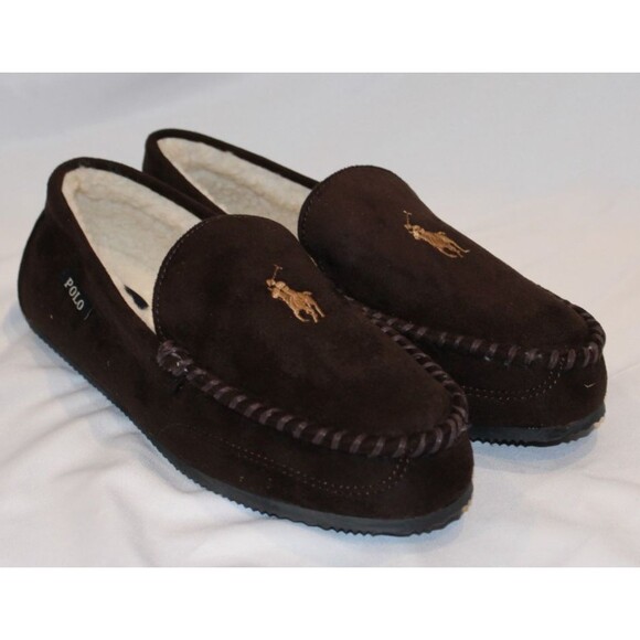 NIB Polo Ralph Lauren Men's Suede Moccasin Slippers BROWN SZ 8 - Picture 2 of 6